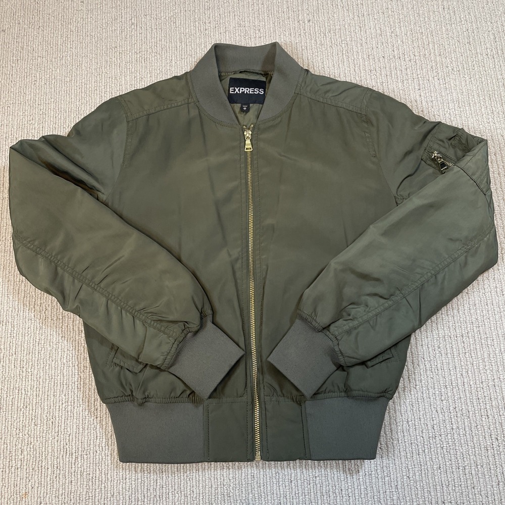 Express Women's XS Army Green Zip up Bomber Jacket Gold Zippers
